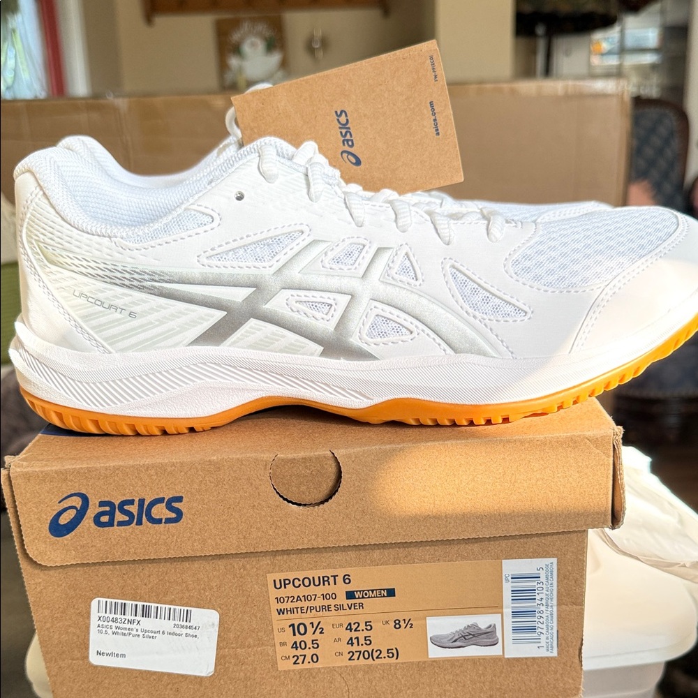 ASICS Upcourt 6 White and Silver with Orange Accents